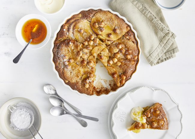 Apple Pudding Pie with Saffron Honey and Roasted Hazelnuts