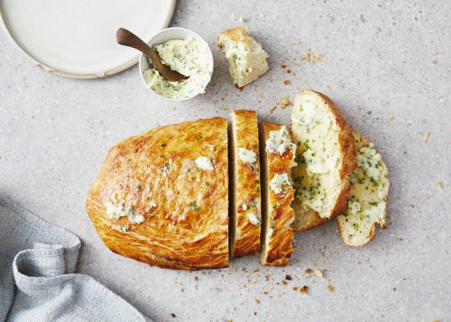 No-work ‘Sourdough’ with Roasted Garlic and Chive Butter