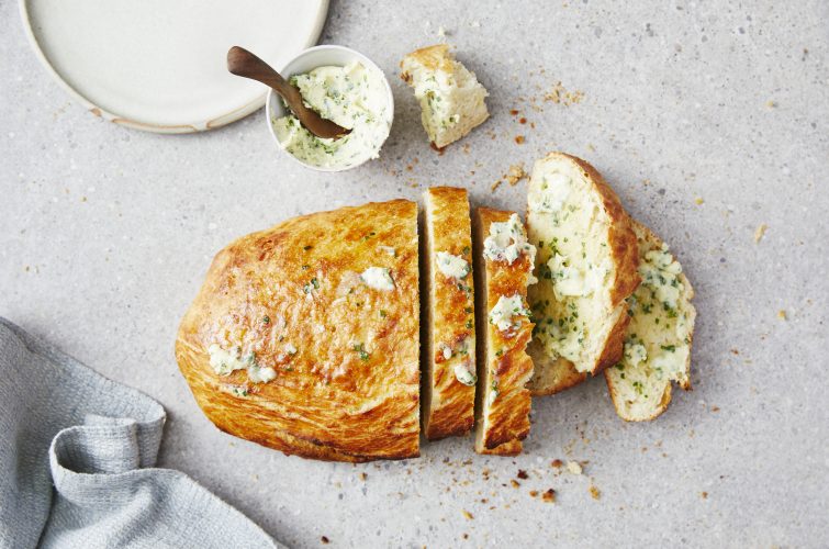 No-work ‘Sourdough’ with Roasted Garlic and Chive Butter